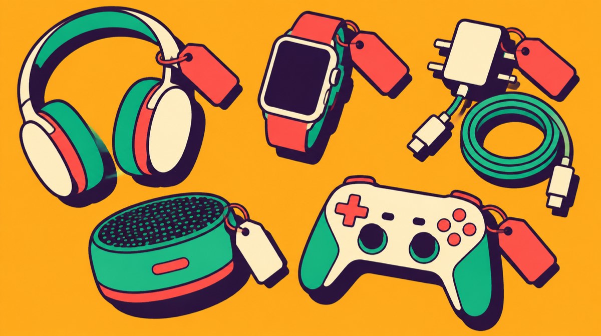 Ilustración de regalos de tecnología: audífonos, reloj inteligente, cargador, bocina y control de videojuegos con etiquetas de precio