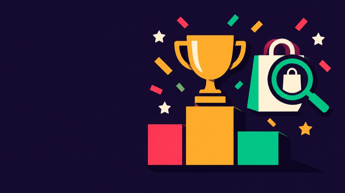 Ilustración de un trofeo dorado sobre un podio con una bolsa de compras y una lupa